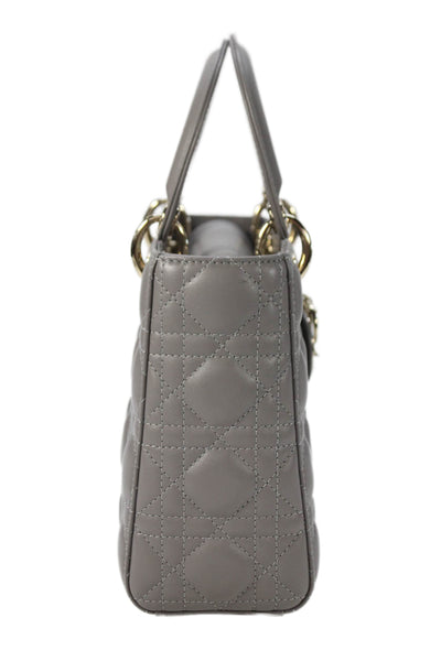 Christian Dior Womens Quilted Lambskin Cannage Lady Dior Tote Handbag Gray