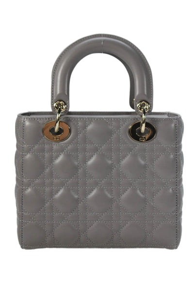 Christian Dior Womens Quilted Lambskin Cannage Lady Dior Tote Handbag Gray