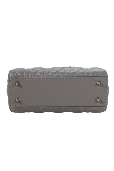 Christian Dior Womens Quilted Lambskin Cannage Lady Dior Tote Handbag Gray