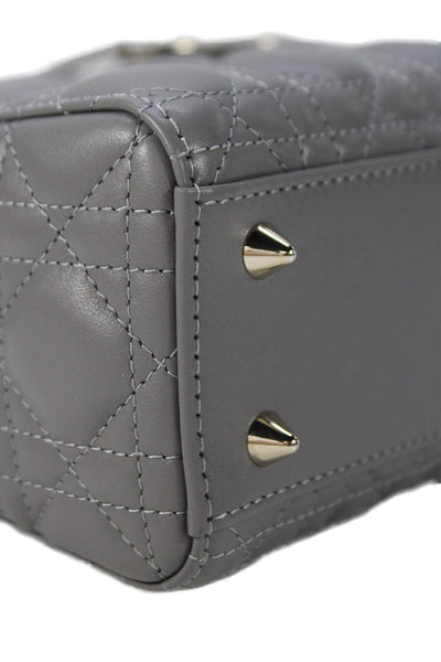 Christian Dior Womens Quilted Lambskin Cannage Lady Dior Tote Handbag Gray