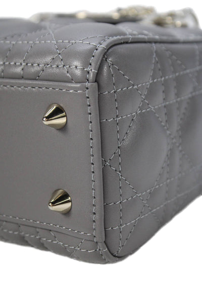 Christian Dior Womens Quilted Lambskin Cannage Lady Dior Tote Handbag Gray