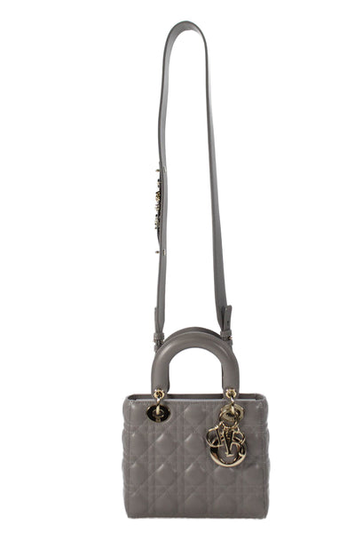 Christian Dior Womens Quilted Lambskin Cannage Lady Dior Tote Handbag Gray