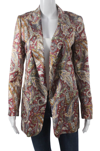 Zara Women Bohemian Paisley Red Blazer V-Neck Long Sleeve Polyester Size S