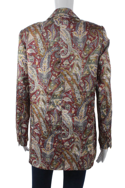 Zara Women Bohemian Paisley Red Blazer V-Neck Long Sleeve Polyester Size S