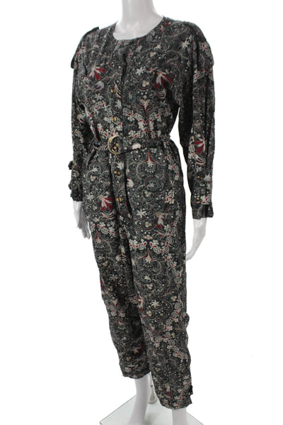 Mariacher Womens Black Floral Cotton Jumpsuit Long Sleeve Crew Neck Size S