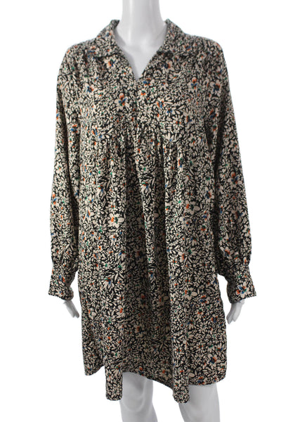 Ange Women Black Floral Shirt Dress Collared Long Sleeve Polyester Blend Size M