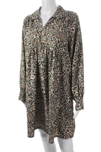 Ange Women Black Floral Shirt Dress Collared Long Sleeve Polyester Blend Size M