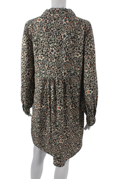 Ange Women Black Floral Shirt Dress Collared Long Sleeve Polyester Blend Size M