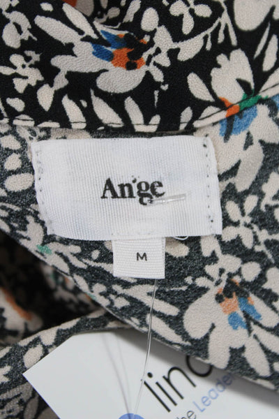 Ange Women Black Floral Shirt Dress Collared Long Sleeve Polyester Blend Size M