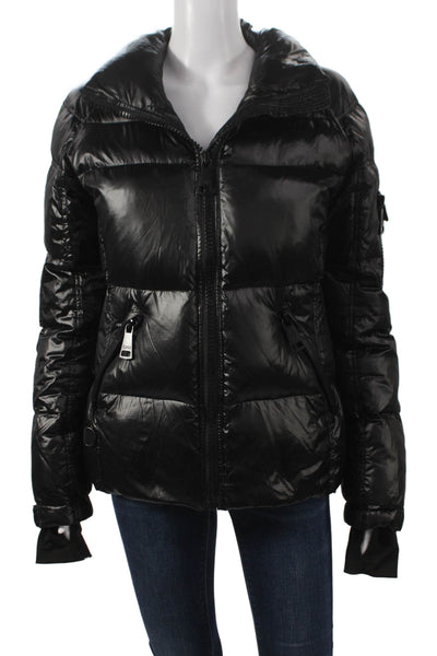SAM Women Quilted Puffer Jacket Black High Neck Zip Size M