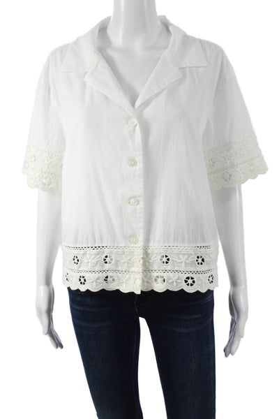 Sea New York Women White Collared Short Sleeve Bohemian Button Up Blouse Size M