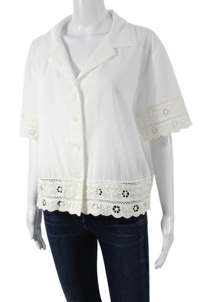 Sea New York Women White Collared Short Sleeve Bohemian Button Up Blouse Size M