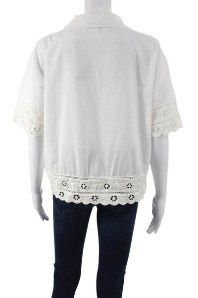 Sea New York Women White Collared Short Sleeve Bohemian Button Up Blouse Size M