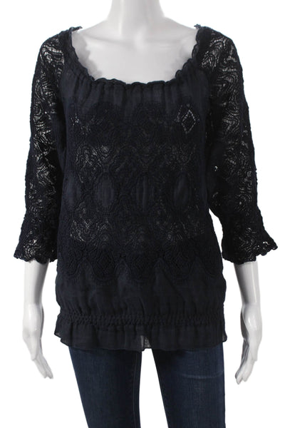 Temptation Positano Womens Tunic Linen Dark Blue Square Neck Size M