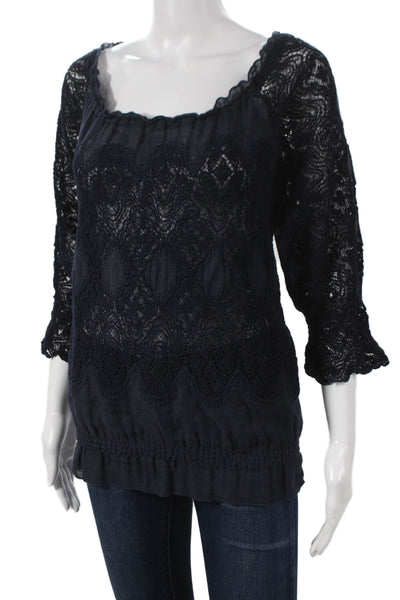 Temptation Positano Womens Tunic Linen Dark Blue Square Neck Size M
