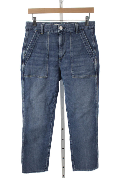 Amo Women Cropped Tapered Jeans Blue High Rise Button Fly Size 28