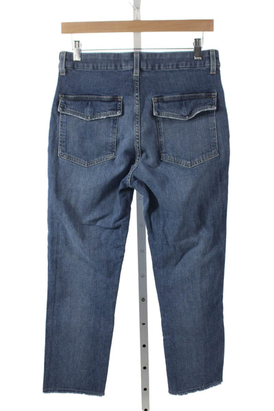 Amo Women Cropped Tapered Jeans Blue High Rise Button Fly Size 28
