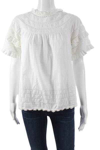 Sea New York Women High Neck Cotton Button Short Sleeve Bohemian Blouse Size 6