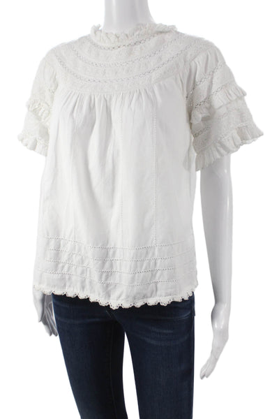 Sea New York Women High Neck Cotton Button Short Sleeve Bohemian Blouse Size 6