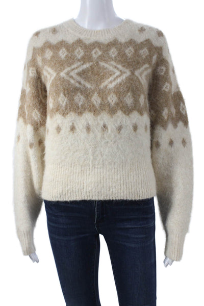 Zara Unisex Pullover Sweaters Beige Fair Isle Crew Neck Long Sleeve Size S