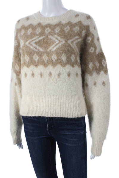 Zara Unisex Pullover Sweaters Beige Fair Isle Crew Neck Long Sleeve Size S