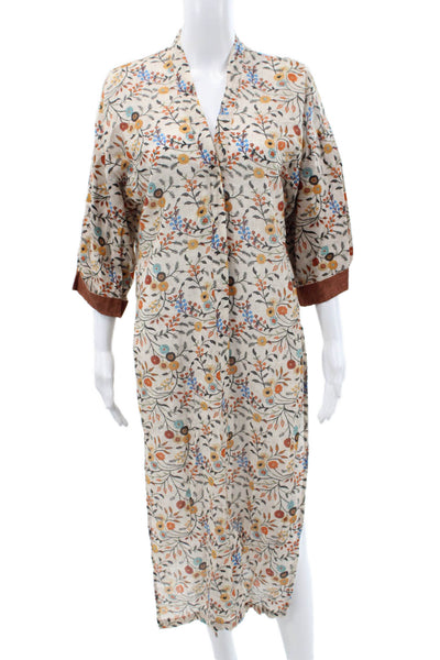 Diza Gabo Women Kaftan Floral V-Neck Knee Length 3/4 Sleeve Beige Dress Size S