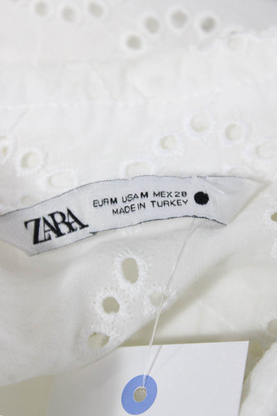 Zara Womens White Collared Button Up Blouse Long Sleeve Boho Size M