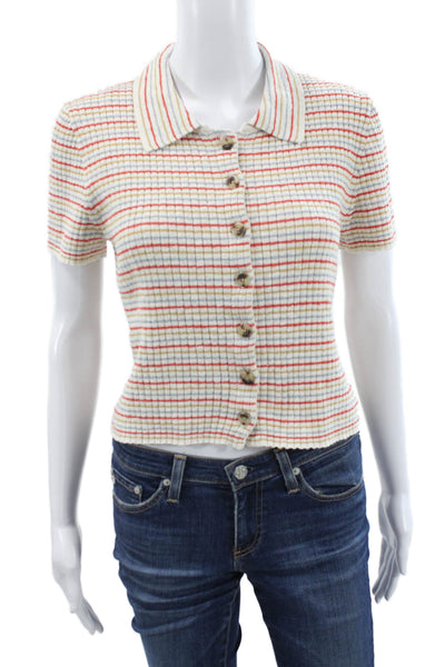 Madewell Women Cropped Striped Button Up Polo Short Sleeve White Size L