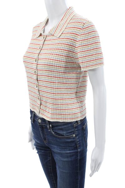 Madewell Women Cropped Striped Button Up Polo Short Sleeve White Size L