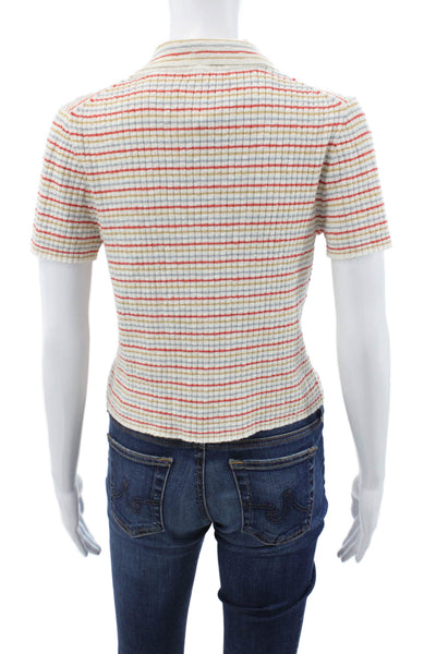 Madewell Women Cropped Striped Button Up Polo Short Sleeve White Size L