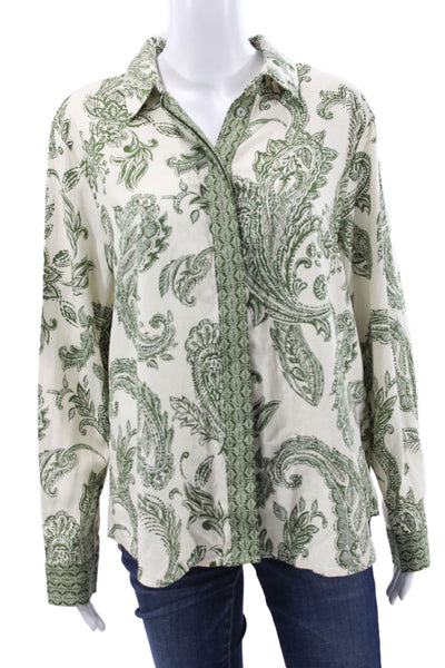 Zara Women Paisley Collared Buttonup Long Sleeve Beige Viscose Size L