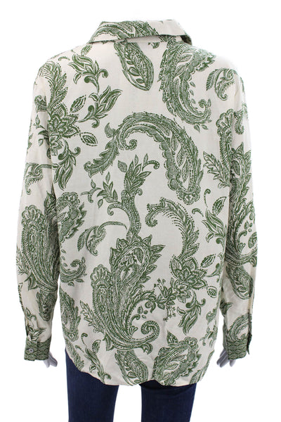 Zara Women Paisley Collared Buttonup Long Sleeve Beige Viscose Size L