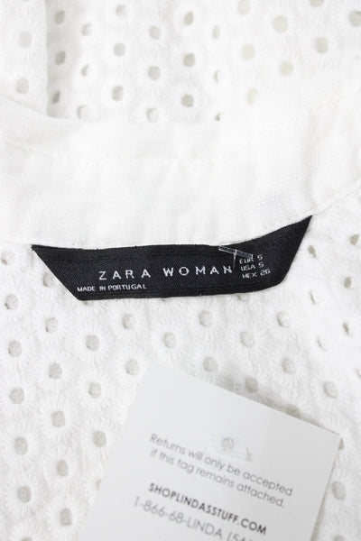 Zara Woman Womens Tunic Blouse White Linen 3/4 Sleeve Button Up Size S