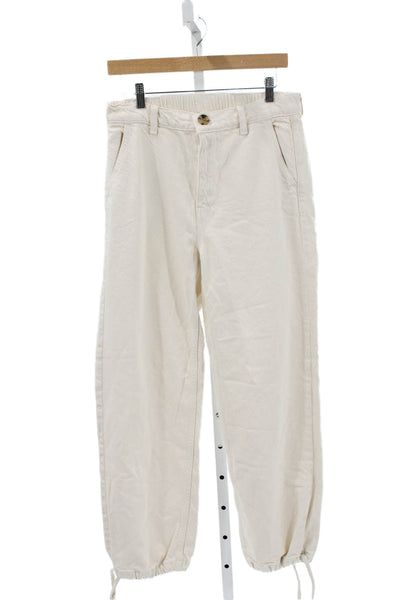 Zara Mens Jogger Pants Beige 100% Cotton Mid Rise Button Fly Size M