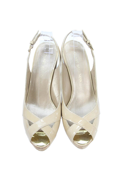 Stuart Weitzman Womens Leather Peep Toe Wedge Platform Shoes Beige Size 9M