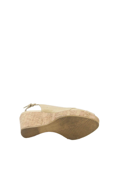 Stuart Weitzman Womens Leather Peep Toe Wedge Platform Shoes Beige Size 9M