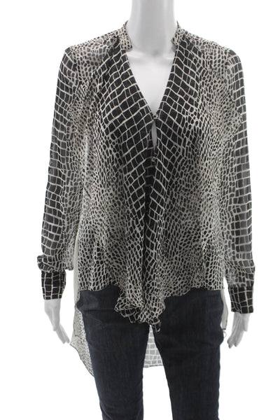 BCBGMAXAZRIA Women Tunic Black Silk V-Neck Long Sleeve Geometric Size 2XS
