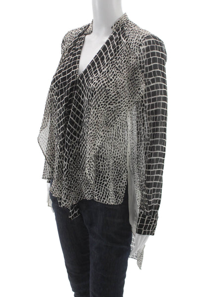 BCBGMAXAZRIA Women Tunic Black Silk V-Neck Long Sleeve Geometric Size 2XS