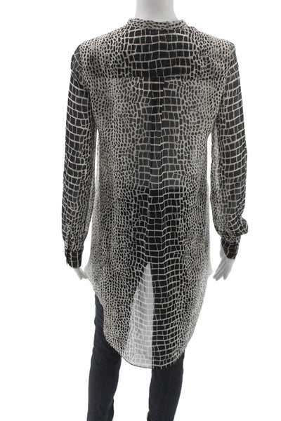 BCBGMAXAZRIA Women Tunic Black Silk V-Neck Long Sleeve Geometric Size 2XS