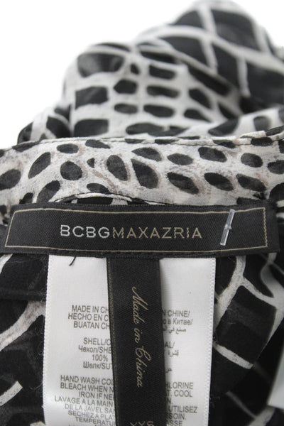 BCBGMAXAZRIA Women Tunic Black Silk V-Neck Long Sleeve Geometric Size 2XS