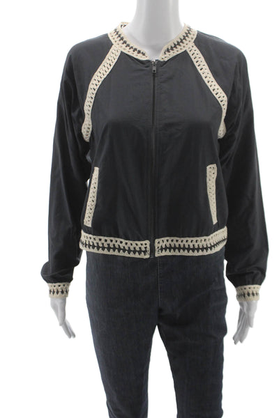Free People Womens Bomber Jacket Black Nylon Zip Crew Neck Size S