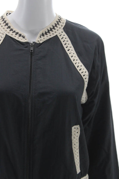 Free People Womens Bomber Jacket Black Nylon Zip Crew Neck Size S
