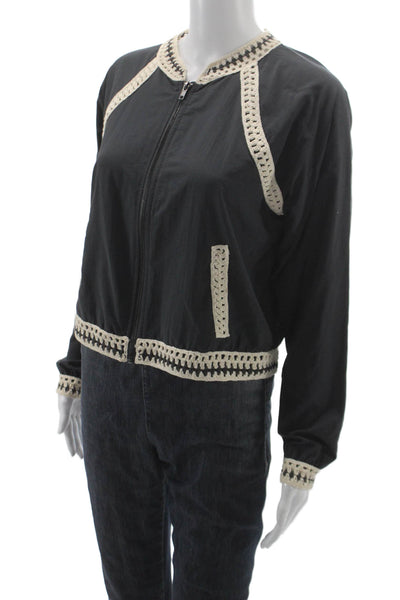 Free People Womens Bomber Jacket Black Nylon Zip Crew Neck Size S