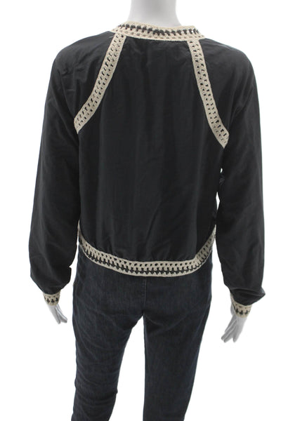 Free People Womens Bomber Jacket Black Nylon Zip Crew Neck Size S