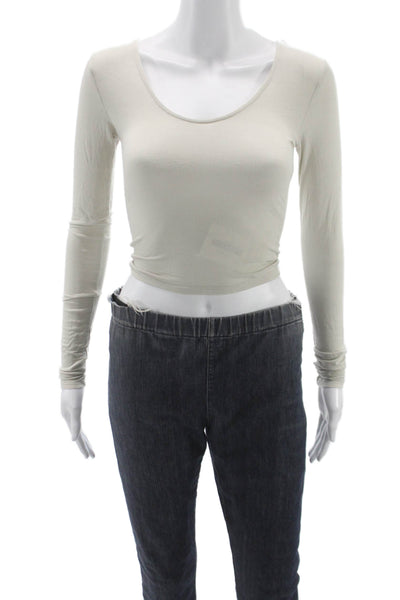 Joah Brown Women Cropped Basic Long Sleeve Round Neck Beige Top Size XS
