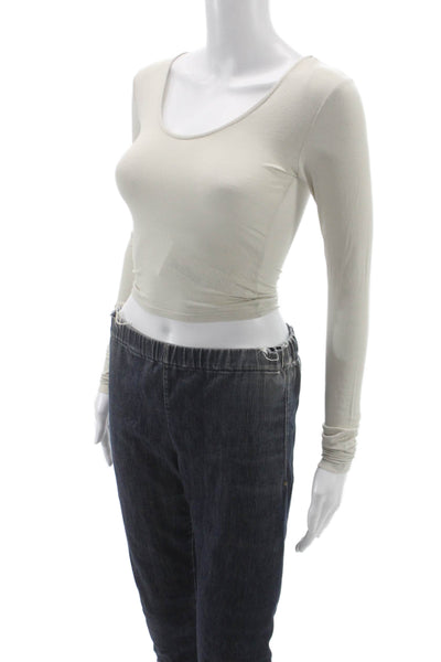 Joah Brown Women Cropped Basic Long Sleeve Round Neck Beige Top Size XS