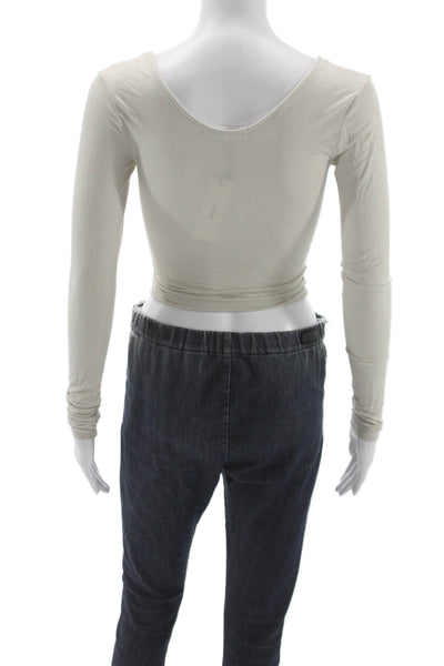 Joah Brown Women Cropped Basic Long Sleeve Round Neck Beige Top Size XS