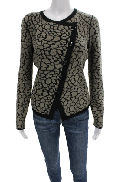 Armani Collezioni Unisex Cardigan Beige Wool AnimalPrint Button Crewneck Size 8