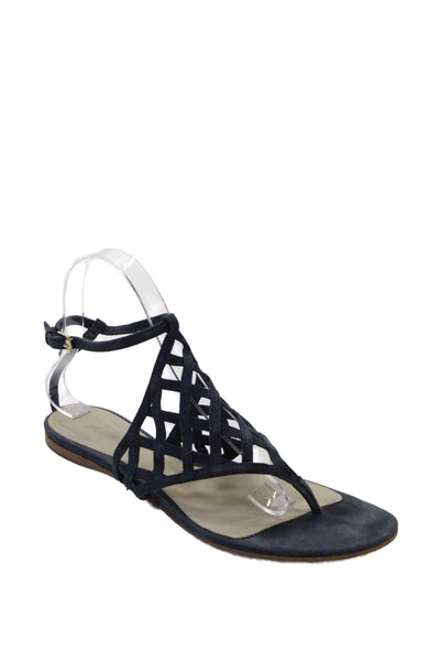 Jil Sander Womens Suede Strappy Flat Sandals Shoes Dark Blue Size 9.5