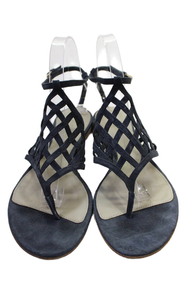 Jil Sander Womens Suede Strappy Flat Sandals Shoes Dark Blue Size 9.5